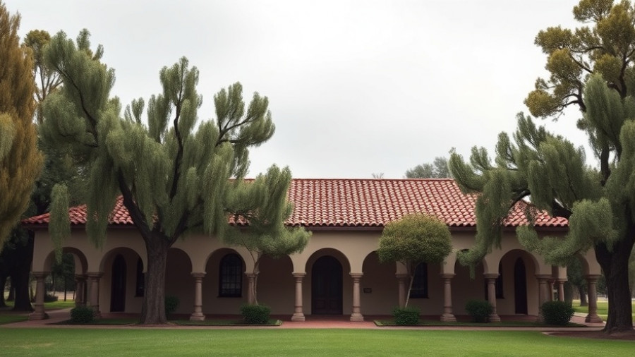 Park building in Golden Gate Park with tiled roof and trees.