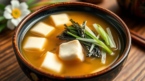 Traditional Japanese miso soup with tofu and wakame.