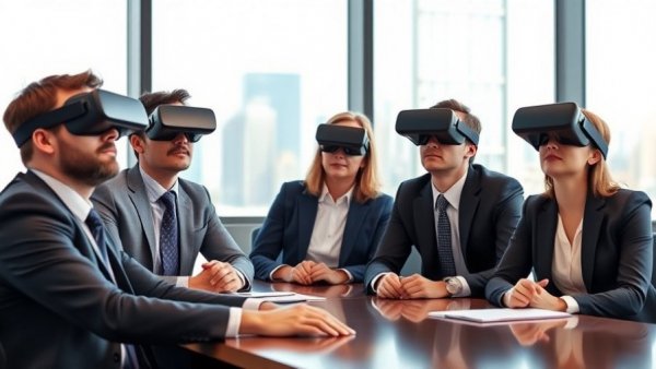 Business professionals using VR in a modern office setting.