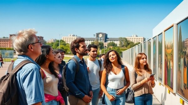 USF graduate programs public service students admiring outdoor art.