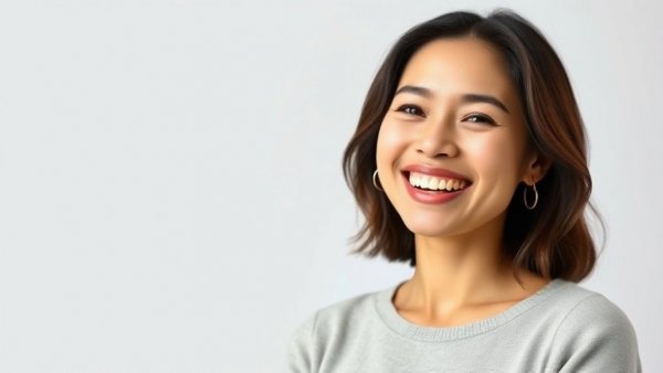 Smiling woman in a blouse with arms crossed, neutral background.