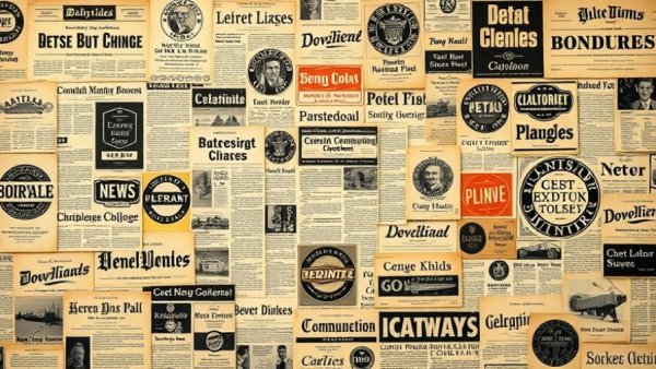 Collage of vintage newspaper headlines and logos depicting retro print media.