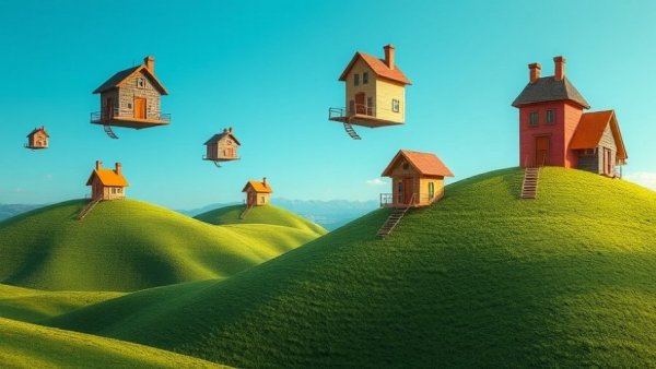 Whimsical floating houses above hills, art from Tenderloin Art Lending Library San Francisco.