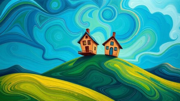 Abstract art with floating houses over hills, Tenderloin Art Lending Library.