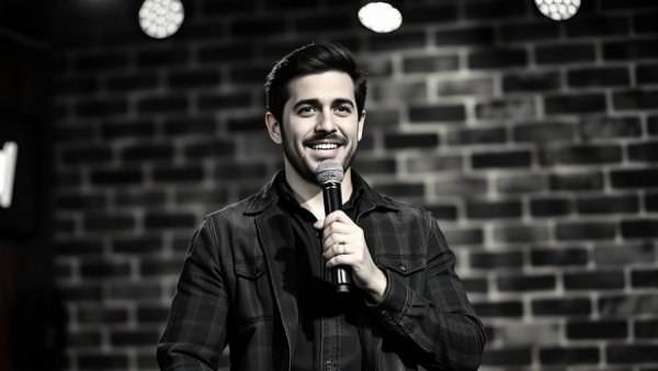 Charismatic comedian performing at First Tuesdays Free Comedy Showcase.