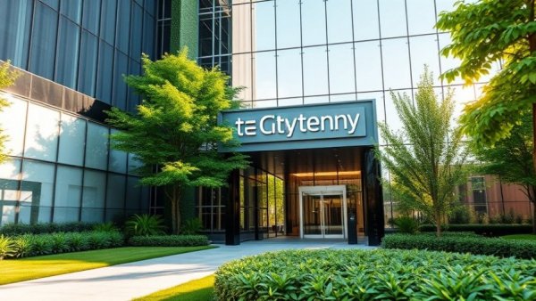 Tech company building entrance with logo and greenery in Southern California.