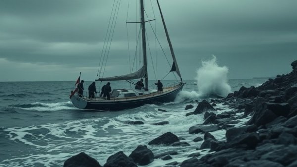 Rescue operation during Bay Area storm with distressed sailboat and rescuers.