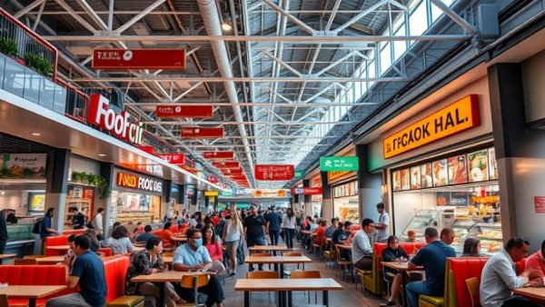 Vibrant Saluhall food hall with people dining and interacting.