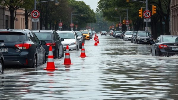 Bay Area atmospheric river impact causing street floods with cars and sign.