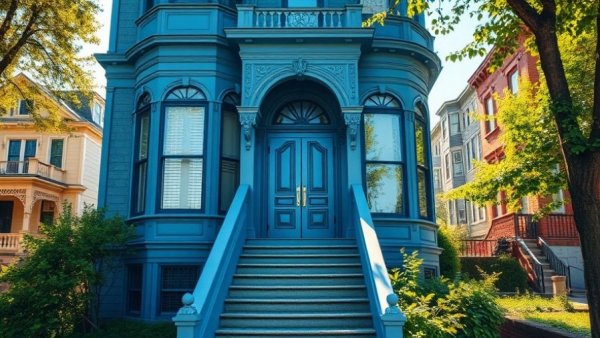 Blue Painted Lady house in San Francisco under bright sunlight.
