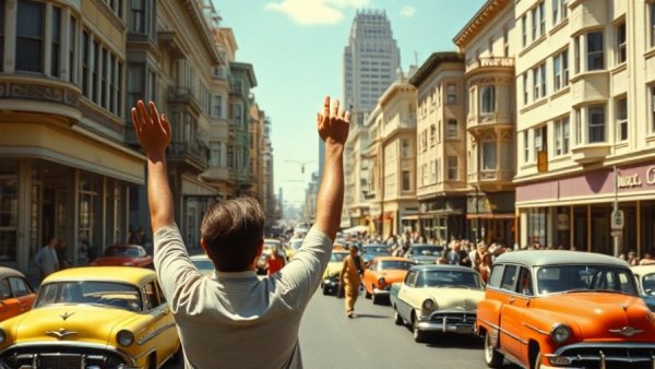 1960s San Francisco photography of a lively street gathering.