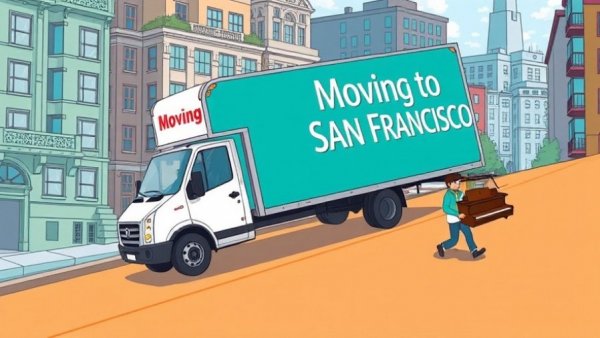 Illustrated moving truck labeled 'Moving to San Francisco' on a steep hill.