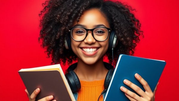 Confident student holding notebooks and headphones on red background.