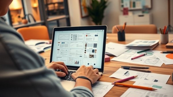 Person working on a laptop reviewing UI/UX designs in a modern office