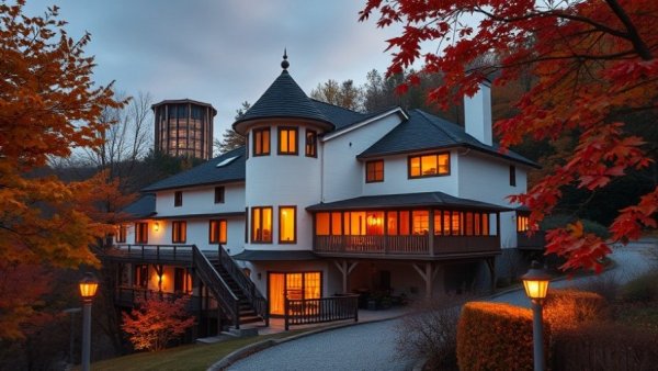 Japanese ryokan Okaeri Calistoga with bright lights and autumn trees.