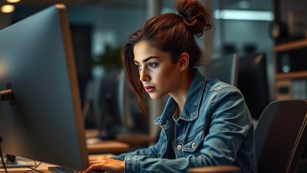 Focused young woman working on computer in modern office, tech equipment.