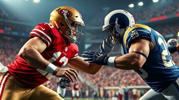 San Francisco 49ers vs. Los Angeles Rams, intense football game moment.