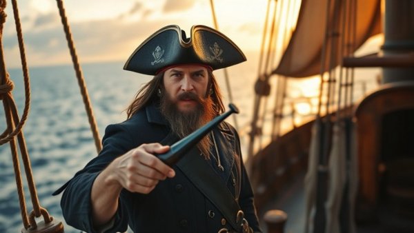 Charismatic pirate captain on ship, Pirates of the Caribbean film live orchestra.