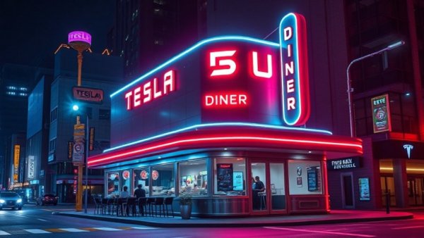 Futuristic Tesla diner in Bay Area with neon lights at night.
