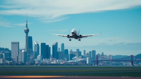 Airplane approaching Bay Area airport with San Francisco skyline backdrop