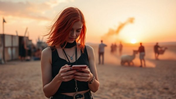 Woman at Burning Man pondering breakup under desert sunset.