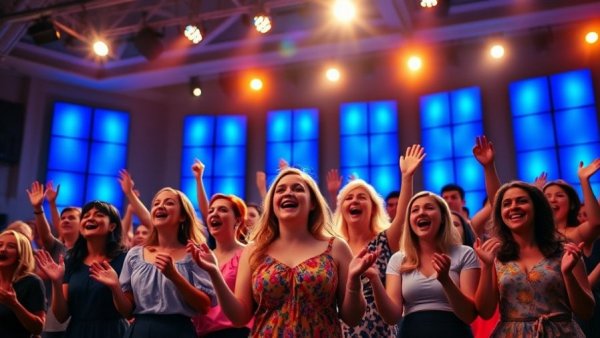 Energetic choir performance in San Francisco auditorium, vibrant atmosphere.