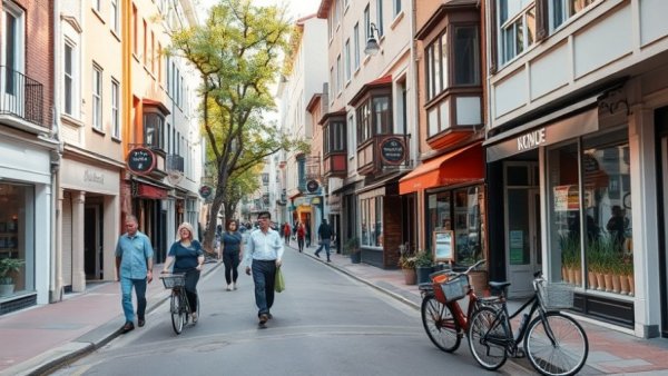 People walking in a low-traffic neighborhood with shops and bicycles.