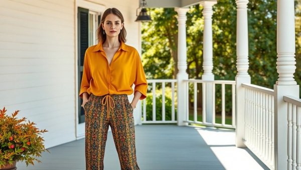 Woman wearing deconstructed femme fashion on a porch, vibrant style.
