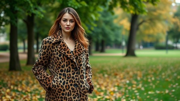 Stylish tailored wardrobe in autumn park setting.