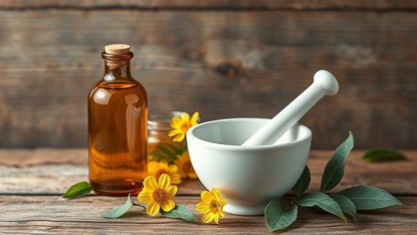 Homeopathic remedies for depression: bottles, mortar, flowers.