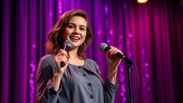 San Francisco comedy show with performer on stage, vibrant lighting.