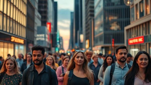 San Francisco busy street scene with pedestrians at twilight.