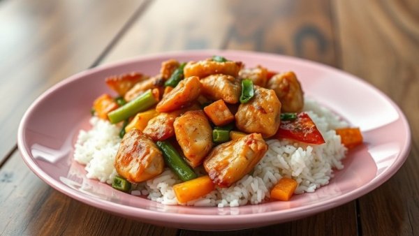 Detail of a vibrant stir-fried chicken dish with herbs and rice.