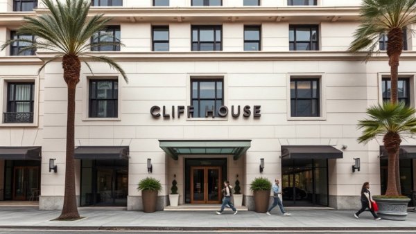Cliff House signage on building exterior under overcast sky.
