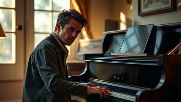 Musician at piano reflecting, soft daylight ambiance