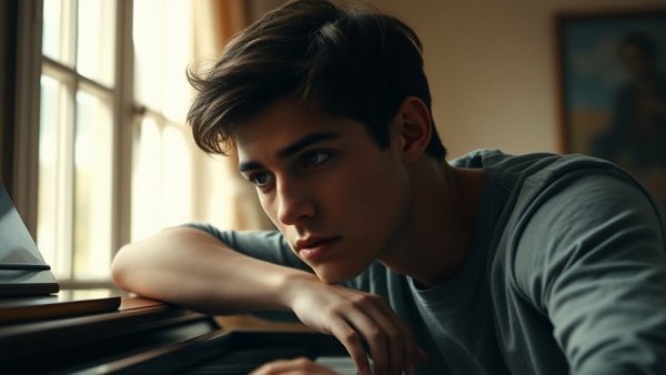 Young man pondering at a piano, evoking Beethoven's 5th Symphony.