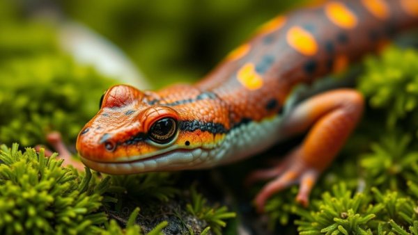 Vibrant salamander exploring mossy habitat, Wildlife Restoration.