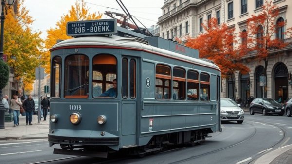 Vintage tram on urban street with historical buildings, No ICE at 2026 Super Bowl.