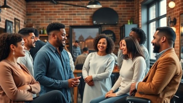 Inclusive barber shop in San Francisco with diverse clients and stylists.
