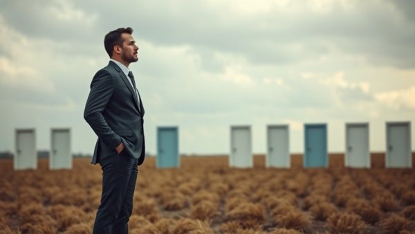 Professional man pondering career options in field with multiple doors.