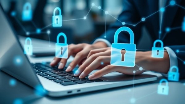 Hands typing on laptop with cybersecurity icons, symbolizing the importance of cybersecurity in 2025.