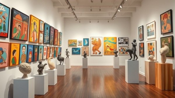 Vibrant paintings and sculptures in North Beach First Fridays Art Crawl gallery.