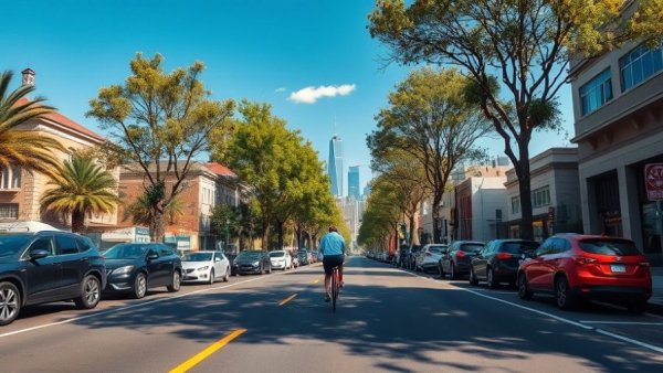Urban street scene with cyclist riding away, Sunnyvale Political Text Exchange context.