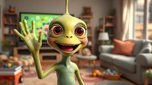 Animated alien character waving in a room with TV showing cartoon.