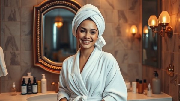 Cheerful woman in a bathroom highlighting best travel beauty products