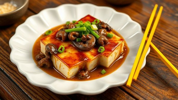 Savory Japanese tofu steak with mushroom ankake sauce on a white plate.