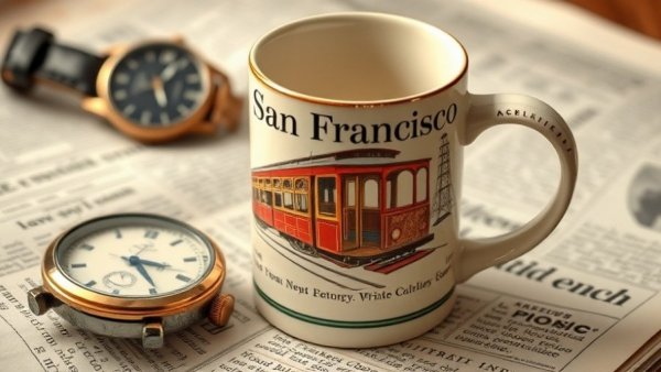 Vintage San Francisco mug on a newspaper representing Caltrain funding Bay Area.