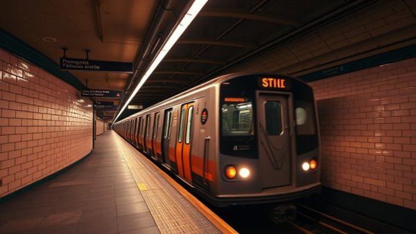Subway train at Pennsylvania station platform, transit scene.