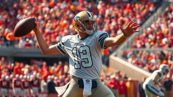 Quarterback mid-throw in stadium game, vibrant action.