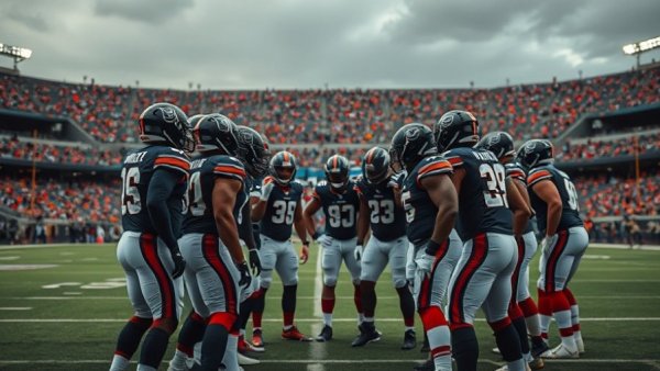 49ers team huddle during a game against the Rams, intense focus.